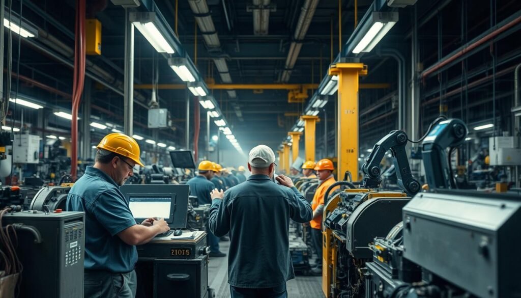 labor market challenges domestic production, factory workers struggling with automation, skilled labor shortages impacting assembly lines, Informic Electronics struggling to find qualified technicians, aging machinery and outdated processes, high-tech equipment and advanced robotics, harsh lighting from factory floor illumination, low-angle perspective to emphasize scale, gritty industrial atmosphere with a sense of unease and uncertainty