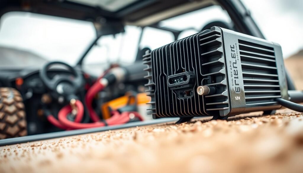 12v waterproof power systems from Informic Electronics, featuring a sleek and robust metal housing, sealed ports, and high-efficiency circuitry. In the foreground, a close-up view showcases the intricate details of the power supply unit, with its cooling fins and sturdy connectors. In the middle ground, the power system is integrated into a vehicle's electrical system, surrounded by wiring and automotive components. The background depicts a rugged, outdoor environment, suggesting the system's durability and suitability for use in demanding, wet conditions. The lighting is natural and diffused, creating a sense of depth and highlighting the product's clean, industrial design. The overall atmosphere conveys a sense of reliability, performance, and technical proficiency.