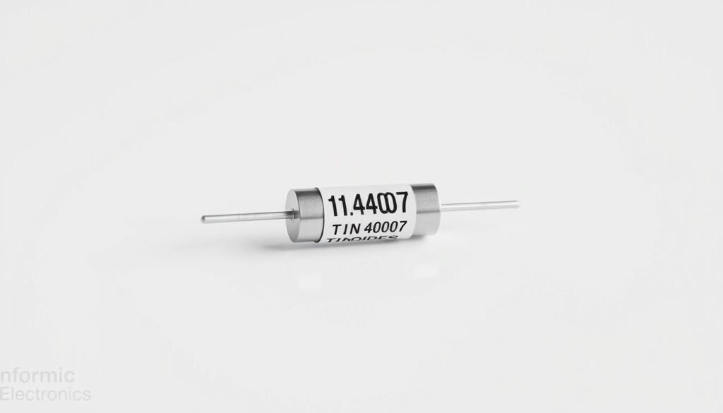 1n4007 diode pin configuration identification, centered on a white background. The diode is displayed in a high-resolution, detailed 3D rendering, showcasing its physical characteristics and pin layout. The pins are clearly visible, with a distinct labeling or color-coding system to identify the anode and cathode. The lighting is soft and diffused, creating a clean, technical aesthetic. The camera angle emphasizes the diode's profile, providing a clear view of the pin configuration. The overall mood is informative and educational, with a focus on technical accuracy and visual clarity. Branded as "Informic Electronics".
