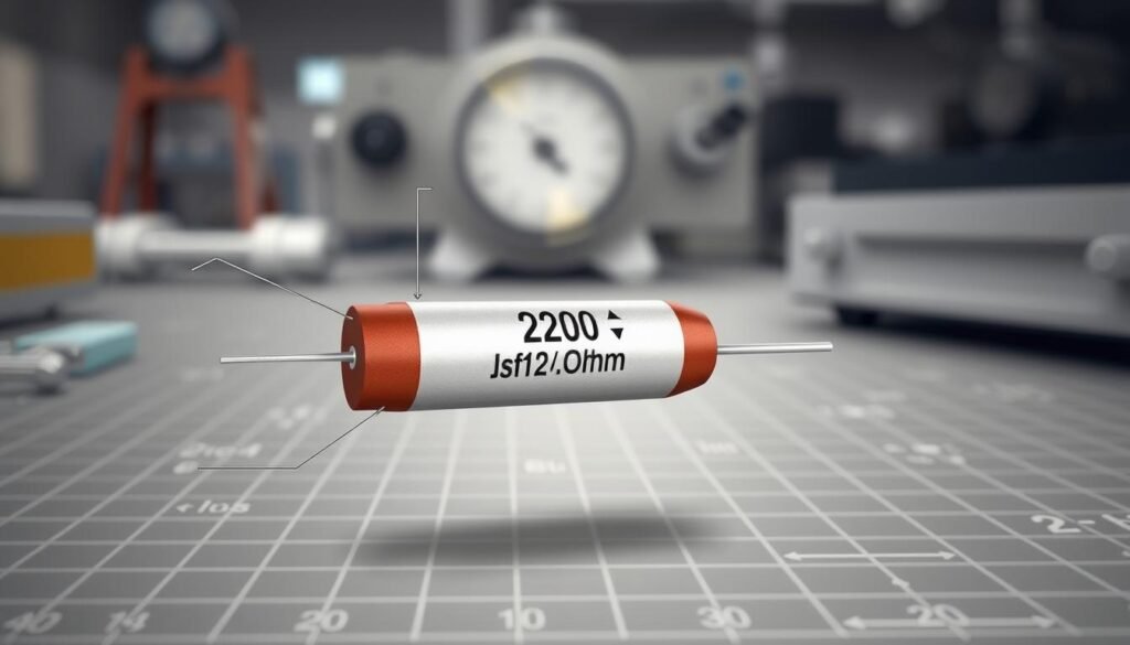 220 ohm resistor specifications, detailed technical illustration. Foreground: Precision-engineered 220 ohm resistor, Informic Electronics brand, with clear callouts for power rating, resistance value, and physical dimensions. Midground: Neutral-toned circuit board backdrop, subtle grid pattern. Background: Soft lighting, technical instrumentation in the distance, conveying a sense of technical expertise and attention to detail. Render in high-resolution, clean lines, and realistic materials to highlight the resistor's key specifications and power ratings for the article's "Key Specifications and Power Ratings" section.