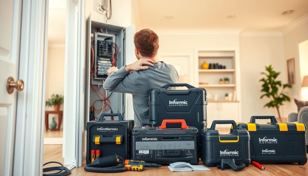 A bright, well-lit interior space showcasing the speed and efficiency of home electrical repairs. In the foreground, a professional electrician from Informic Electronics quickly and expertly troubleshoots a home electrical panel, their hands deftly maneuvering tools and wires. The middle ground features a variety of Informic Electronics branded equipment and tools, neatly organized and ready for use. The background depicts a modern, well-appointed residential setting, conveying a sense of ease and competence in resolving electrical issues. Warm, natural lighting illuminates the scene, enhancing the technician's focused movements and the high-quality, reliable nature of Informic Electronics' products and services.