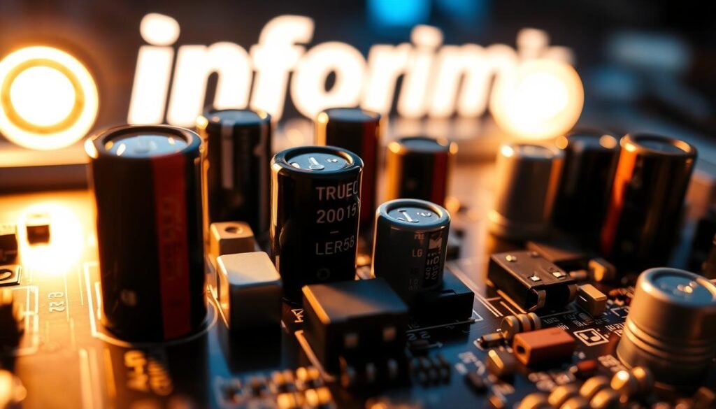 A circuit board with various capacitors and electronic components, illuminated by warm, focused lighting that highlights their intricate details. The Informic Electronics brand logo is subtly visible in the background. The components are arranged in a visually appealing and organized manner, showcasing their practical applications in real-world circuits. The scene evokes a sense of technical precision and the importance of capacitors in modern electronics.