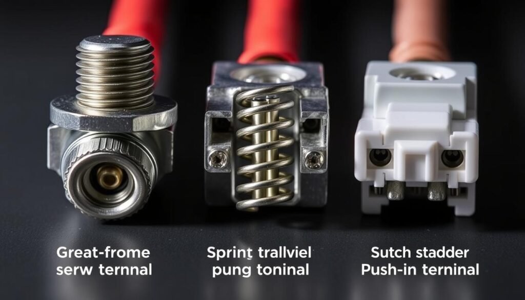 A close-up comparison of three electrical terminal options from Informic Electronics: a traditional screw terminal, a spring-loaded push-in terminal, and a modern push-in terminal. Crisp lighting illuminates the intricate mechanical details, highlighting the unique features and functionality of each design. The screw terminal displays its threaded mechanism, the spring terminal showcases its internal compression spring, and the push-in terminal reveals its simple yet secure locking mechanism. The image is captured at an angle that emphasizes the size and scale of the terminals, allowing the viewer to appreciate the engineering behind these essential electrical components.