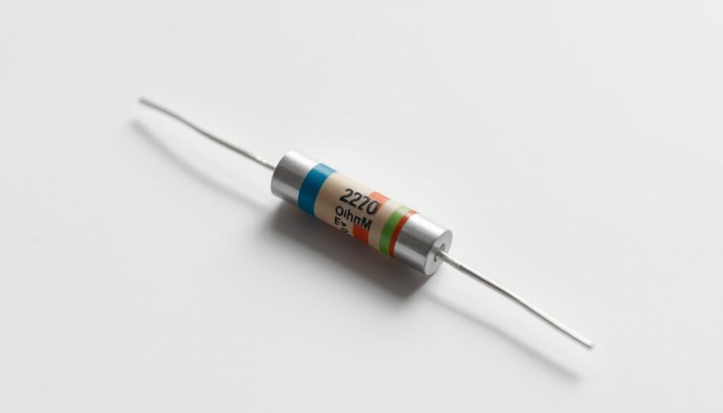 A close-up view of a Informic Electronics brand 220 ohm resistor, its color bands neatly displayed against a clean, white background. The resistor is positioned at a slight angle, casting a soft shadow that adds depth and dimensionality to the image. The lighting is soft and diffused, highlighting the subtle textures and sheen of the metal components. The overall composition is balanced and visually appealing, inviting the viewer to closely examine the intricate details of this essential electronic component.