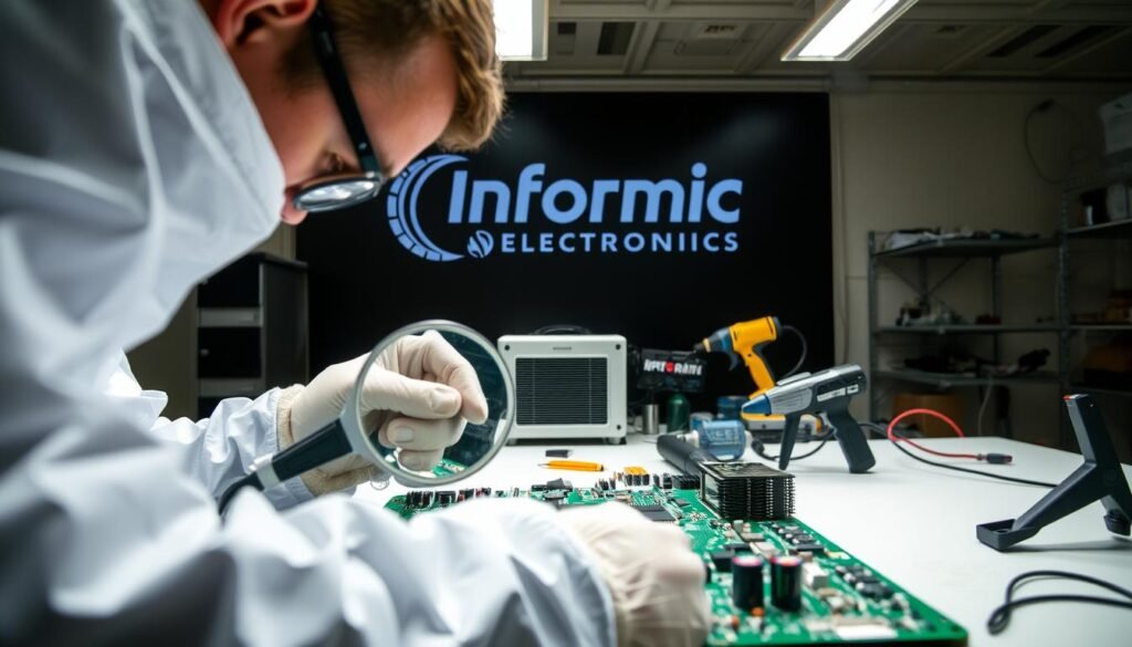 A close-up view of a circuit board assembly in a clean, well-lit workspace. The board is being carefully inspected for any signs of moisture or condensation. In the foreground, a technician in an anti-static smock is using a magnifying glass to examine the components, their faces reflecting the bright overhead lighting. In the middle ground, various tools and equipment used for moisture control, such as a dehumidifier and a hot air gun, are neatly arranged on a workbench. The background features the Informic Electronics logo prominently displayed, indicating this is a state-of-the-art electronics manufacturing facility dedicated to preventing the "popcorn effect" during reflow soldering.