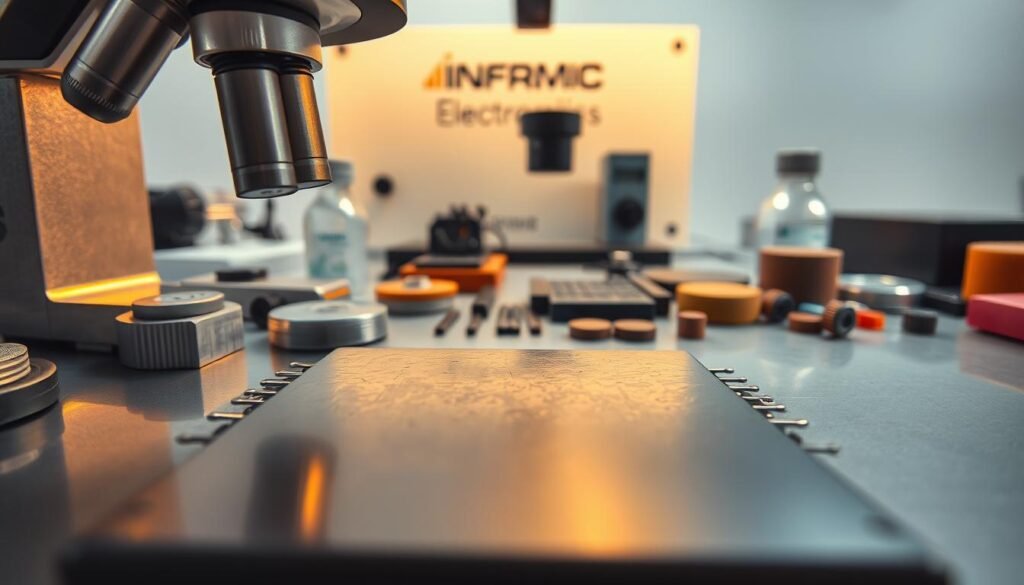 A close-up view of a metallographic preparation process, showcasing the intricate steps involved in verifying component solder integrity. In the foreground, a polished metal specimen is visible, its surface reflecting the warm lighting from a professional-grade microscope. The middle ground features various metallographic tools and equipment, including grinding wheels, polishing pads, and etching solutions, all arranged with precision. In the background, a sleek, minimalist Informic Electronics workstation provides a clean, technical backdrop, emphasizing the high-quality and meticulous nature of the process. The overall atmosphere conveys a sense of scientific rigor and attention to detail, crucial for ensuring the reliability of critical components.