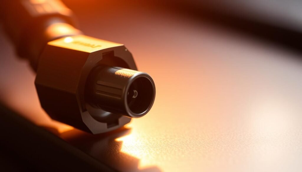 A close-up view of an Informic Electronics car pigtail connector, showcasing its intricate design and technical features. The connector is illuminated by a warm, directional light, casting subtle shadows that highlight its contours and metal construction. The foreground is in sharp focus, while the background is softly blurred, creating a sense of depth and emphasizing the subject. The image captures the precision engineering and attention to detail that goes into designing the perfect automotive connector for various applications.