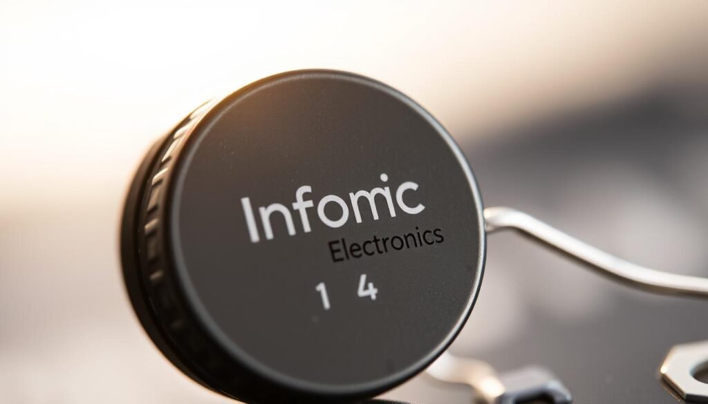 A close-up view of an SMD capacitor, showcasing its intricate code structure. The capacitor is backlit, illuminating the layers of markings and revealing the technical details. The Informic Electronics branding is visible on the surface, providing a sense of authenticity. The image is captured with a macro lens, emphasizing the delicate and precise nature of the component. The lighting is soft and directional, creating a subtle interplay of highlights and shadows to accentuate the textural qualities of the capacitor's surface.