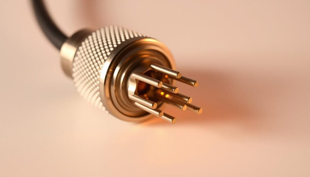 A closeup shot of a Informic Electronics pigtail plug connector, with its various components clearly visible. The connector is positioned on a clean, light-colored surface, allowing the details to stand out. Warm, directional lighting highlights the textured metal housing, the threaded coupling, and the pins emerging from the rear. The focus is sharp, capturing the intricate engineering and design of this professional-grade connector. The overall mood is one of precision, quality, and technical expertise, conveying the importance of selecting the right pigtail connector specifications for a successful application.
