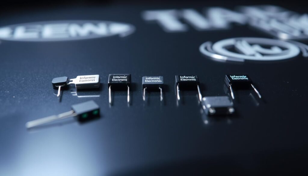 A closeup view of several SMD (surface-mount device) capacitors arranged on a clean, reflective black surface. The capacitors display a range of sizes and form factors, with the brand name "Informic Electronics" clearly visible on the components. Bright, even lighting from above illuminates the subject, emphasizing the fine details and precise construction of the capacitors. The image is captured from a slight downward angle, providing a clear and informative perspective on the individual components and their identifying markings.