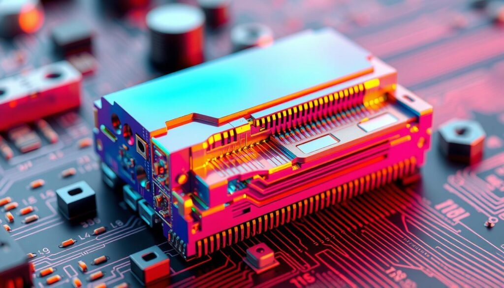 A cross-sectional view of a solder joint on a Informic Electronics circuit board, rendered with a finite element analysis simulation. The joint is shown in exquisite detail, with intricate metallurgical structures and stress distributions visually represented through a vibrant color palette. Precise lighting from multiple angles highlights the complex geometry, creating a sense of depth and dimensionality. The overall composition conveys the technical rigor and engineering insights inherent to solder joint evaluation, setting the stage for a comprehensive analysis of mechanical reliability.