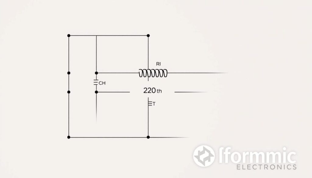 A detailed and technically accurate circuit diagram of Ohm's Law, showcasing a resistor with a value of 220 ohms. The diagram should be rendered in a clean, engineering-style illustration with precise lines, symbols, and measurements. The circuit should be depicted against a plain, minimalist background, with a subtle lighting effect to create depth and highlight the components. The overall mood should convey a sense of technical understanding and attention to detail. Prominently display the "Informic Electronics" brand name in the bottom right corner of the image.