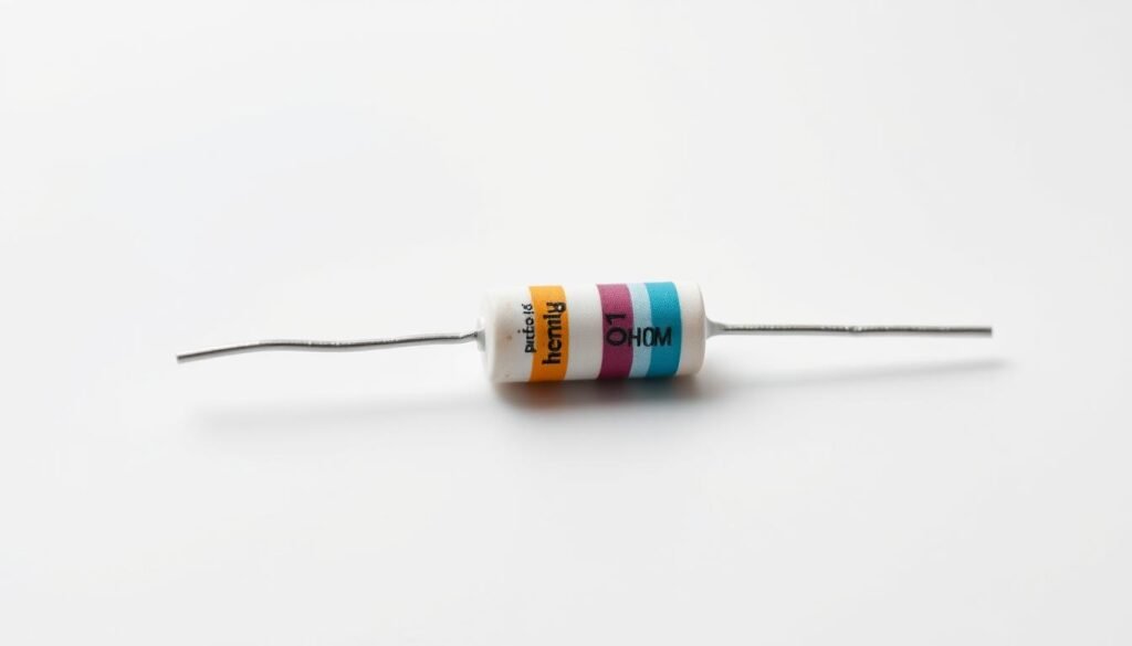 A detailed close-up of a 10 ohm resistor, showcasing its color bands in a well-lit, clean, and high-resolution image. The resistor is positioned against a plain white background, allowing the color bands to stand out prominently. The camera angle is slightly angled, providing a clear and unobstructed view of the resistor's structure and color coding. The lighting is soft and diffused, creating a professional, technical atmosphere. The resistor is labeled with the "Informic Electronics" brand name, indicating its origin and quality.