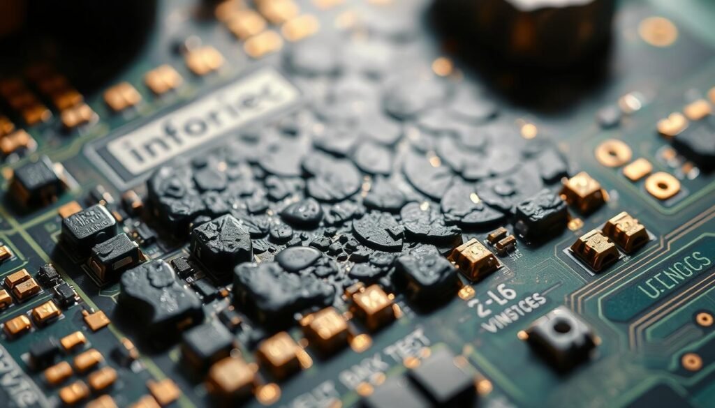 A detailed close-up of black pad corrosion on a printed circuit board, showcasing the Informic Electronics brand. The corrosion appears as dark, mottled deposits on the surface of the gold-plated copper pads. The lighting is directional, casting shadows that highlight the uneven textures and pitting. The background is blurred, keeping the focus on the intricate details of the corroded pads. The overall tone is one of decay and degradation, conveying the latent failure mode of the ENIG plating process.