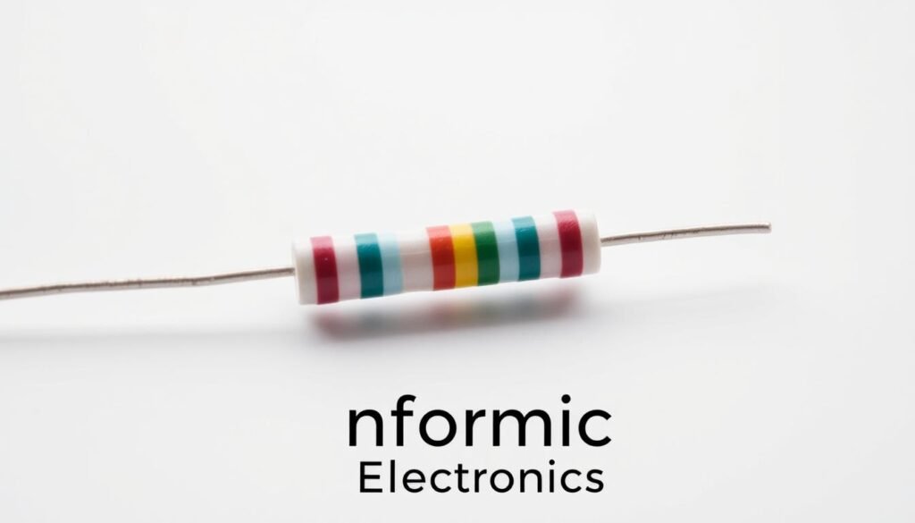 A detailed close-up shot of resistor color bands against a clean, minimal white background. The resistor is positioned at a slight angle, allowing the vibrant color bands to be clearly visible. The lighting is soft and evenly distributed, creating a crisp and sharp focus. The image conveys a sense of simplicity and technical precision, perfectly illustrating the "How to Read and Calculate Resistor Values" section. Prominent in the foreground is the "Informic Electronics" brand name, adding a professional and authoritative touch to the visual.