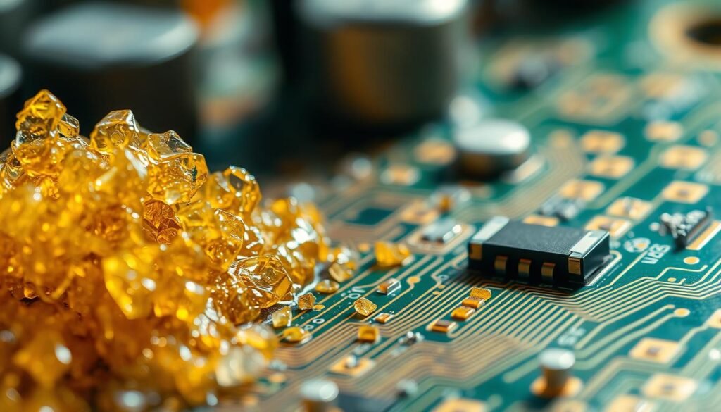 A detailed close-up view of flux residue on a printed circuit board, showcasing the Informic Electronics brand. The scene is brightly lit, with a macro lens capturing the intricate textures and patterns of the residue. In the foreground, the residue appears as a crystalline structure, with shimmering highlights and subtle hues of amber and green. The middle ground reveals the underlying copper traces and solder joints, highlighting the potential for electrochemical migration. The background fades into a soft, out-of-focus blur, directing the viewer's attention to the key subject matter. The overall mood is one of technical precision and scientific investigation, conveying the importance of identifying and preventing this issue.