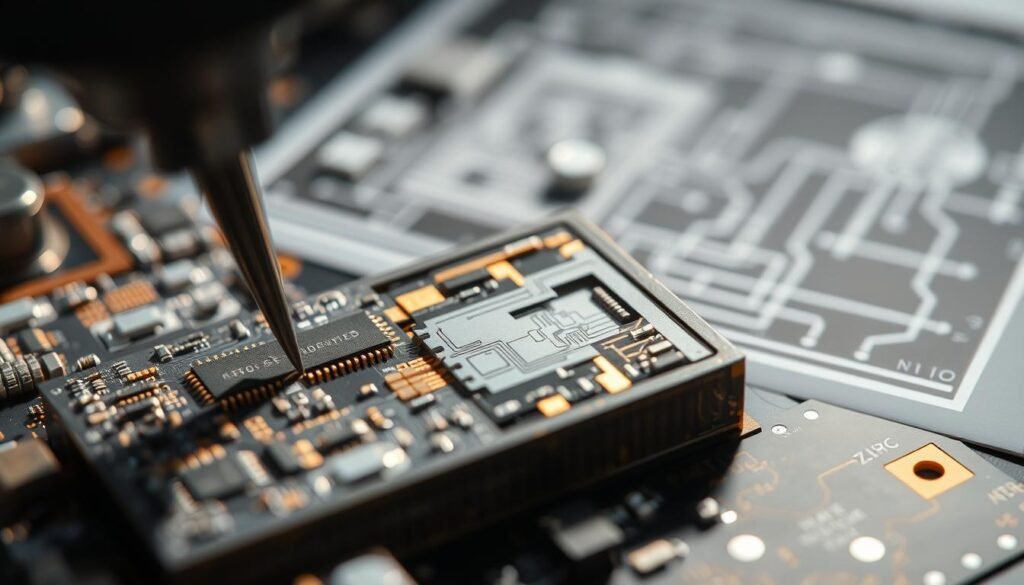 A detailed cross-section analysis process, showcasing the intricate components of a Informic Electronics circuit board. In the foreground, a precision instrument delicately slices through the layers, revealing the solder joints and interconnections. The middle ground features a magnified view of the exposed cross-section, highlighting the metallographic structure and integrity of the solder bonds. In the background, a technical illustration or schematic provides context, emphasizing the importance of this verification technique. Soft, directional lighting casts subtle shadows, accentuating the depth and complexity of the subject matter. The overall mood is one of scientific rigor and technical expertise, capturing the essence of the "Art of Metallographic Cross-Sectioning to Verify Component Solder Integrity".