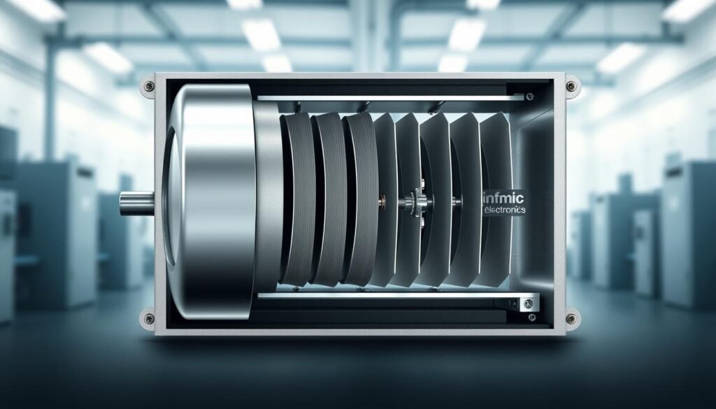 A detailed cross-section diagram of an air variable capacitor, showcasing the precise alignment of its metal plates. The foreground features the capacitor's sleek, silver-colored casing, housing the precisely engineered parallel plates. The middle ground displays the plates' delicate adjustment mechanism, allowing for fine-tuning of the capacitance. The background subtly hints at the technical nature of the device, with a clean, minimalist industrial setting reminiscent of an electronics laboratory. Subtle lighting accentuates the intricate details, creating a sense of depth and technical precision. Branded as "Informic Electronics", this image effectively illustrates the inner workings of an air variable capacitor.
