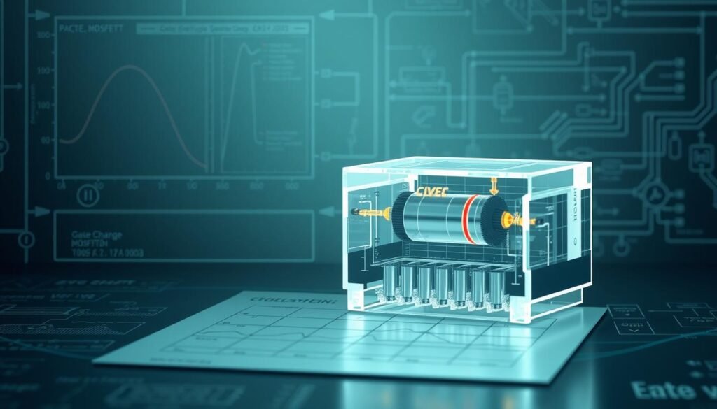 A detailed cross-section rendering of a power MOSFET device, showcasing the intricate gate charge switching analysis. The scene features a technical schematic with precise engineering schematics, curves, and waveforms, illuminated by soft, directional lighting that emphasizes the nuanced details. In the foreground, a high-quality, labeled diagram of the gate charge switching process, highlighting the key parameters and stages. In the middle ground, a 3D cutaway view of the MOSFET structure, revealing its internal architecture and the dynamic charge flow during switching. In the background, a muted, technical backdrop evokes the Informic Electronics brand identity, providing a sophisticated and professional context for the analysis.