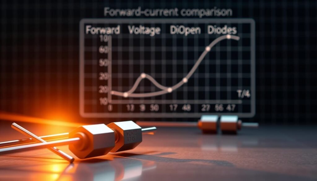 A detailed diagram showcasing the forward voltage drop comparison of various diodes. In the foreground, a set of diodes with their terminals exposed, illuminated by a warm, focused light that casts subtle shadows, emphasizing their technical precision. In the middle ground, a precise graph displaying the voltage-current characteristics of the diodes, rendered in a clean, technical style. The background features a subtle grid pattern, evoking a sense of technical analysis and engineering. The entire scene is captured with a shallow depth of field, creating a sense of depth and focus on the key elements. The Informic Electronics brand name is subtly incorporated into the design, lending an air of professional authority to the illustration.