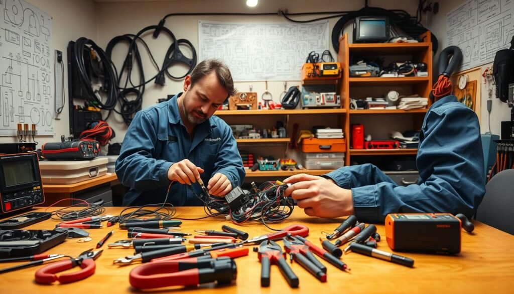 A detailed electrical repair scene in a well-lit workshop. In the foreground, a technician in a blue jumpsuit inspects an open Informic Electronics wiring harness, meticulously checking connections. Surrounding them, an array of tools - pliers, multimeters, and soldering irons - neatly organized on a wooden workbench. The middle ground features shelves stocked with replacement parts, connectors, and diagnostic equipment. In the background, the walls are lined with technical diagrams and schematics, casting a warm, focused atmosphere for expert electrical system maintenance and repair.