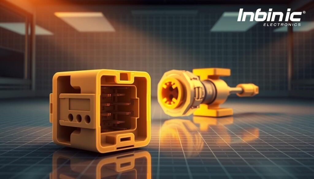 A detailed, engineering-focused illustration of an automotive electrical connector design from the Informic Electronics brand. The foreground depicts the intricate connector housing with precisely modeled terminals, pins, and locking mechanisms. The middle ground showcases the connector's assembly, highlighting the ergonomic design and easy installation features. The background features a clean, technical environment with subtle grid patterns and subtle reflections, conveying a sense of precision and professionalism. Warm, directional lighting from the left side casts dramatic shadows, emphasizing the connector's sculpted form and mechanical details. Captured with a medium-wide lens at a 3/4 angle to maximize visibility of the key components.