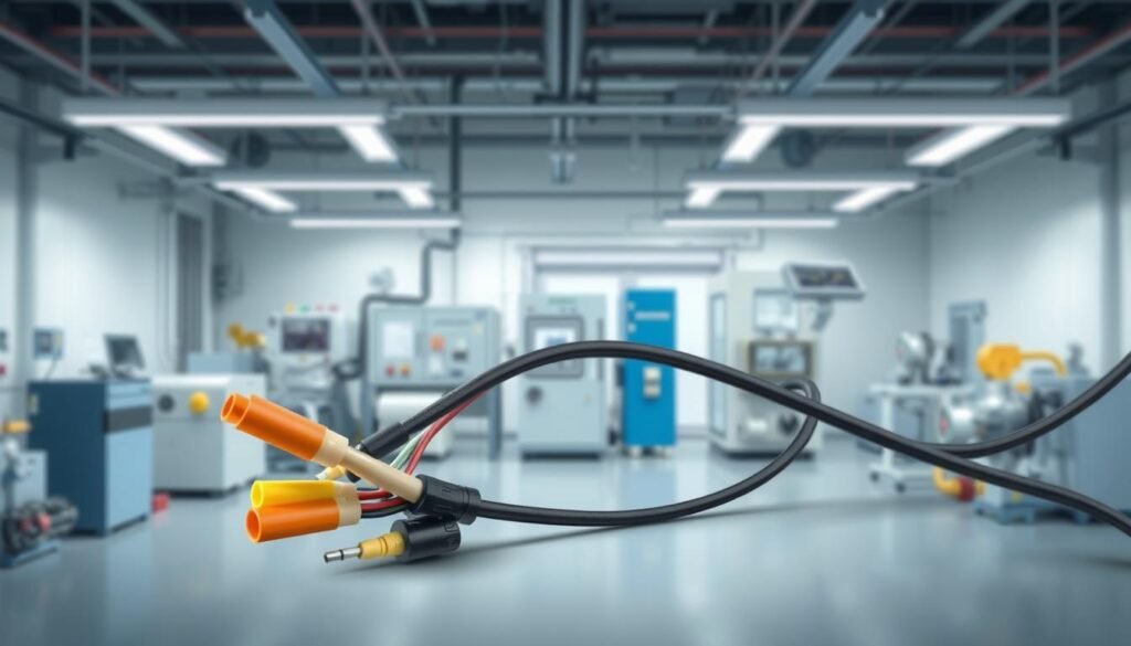 A detailed, high-quality illustration of a "pigtail wiring harness" in a clean, technical environment. In the foreground, the wiring harness with its distinctive pigtail connectors is prominently displayed, showcasing its intricate design and functionality. The middle ground features various industrial components and machinery, hinting at the diverse applications of this wiring solution. The background is a softly lit, neutral-toned space, allowing the subject to take center stage. The image is captured with a sharp focus, using natural lighting and a slightly elevated angle to emphasize the precision and purpose of the "Informic Electronics" pigtail wiring harness.