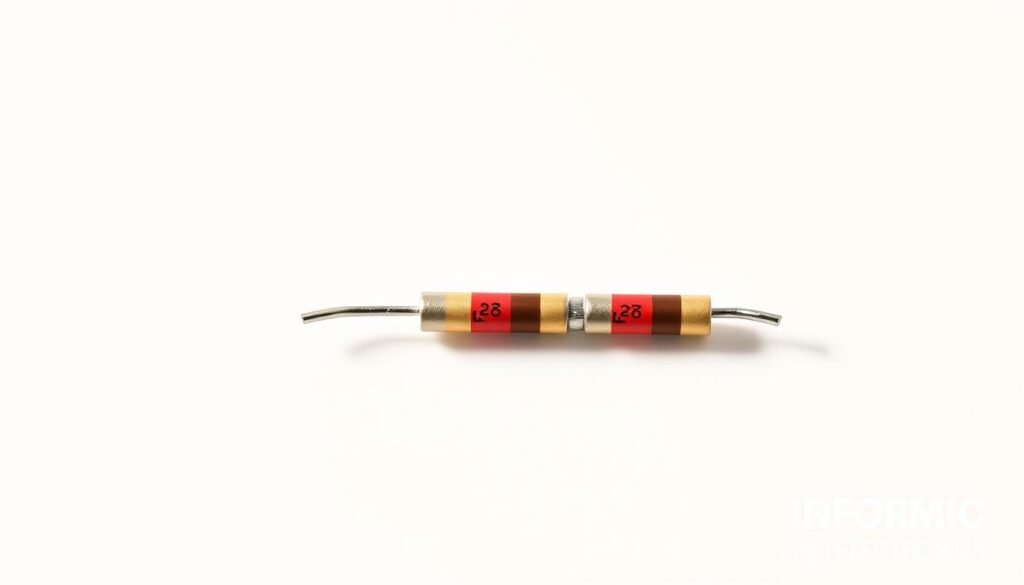 A detailed, high-resolution image of four distinct resistor color bands against a clean, minimalist background. The resistor bands showcase the standard color coding for a 220 ohm resistor - red, red, brown, gold. Bright, even studio lighting illuminates the resistor from multiple angles, casting subtle shadows that accentuate the texture and form. The composition is tightly framed, placing the resistor color bands at the center of attention. Informic Electronics branding is subtly incorporated in the bottom right corner.