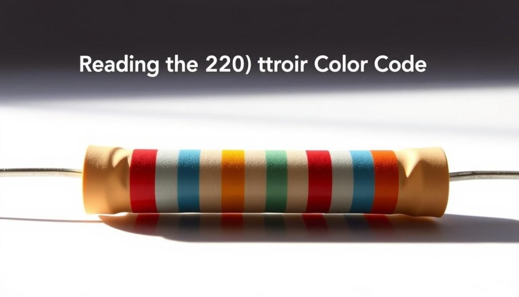 A detailed illustration of a resistor color code, showcasing the "Informic Electronics" brand. In the foreground, a large, high-resolution resistor with clearly visible color bands. The middle ground features a clean, minimalist background, subtly highlighting the resistor. Bright, directional lighting casts gentle shadows, emphasizing the dimensional details. The overall composition conveys a sense of technical precision and visual clarity, perfectly suited for the "Reading the 220k resistor Color Code" section of the article.