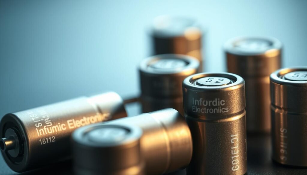 A detailed macro photograph of surface mount capacitors, showcasing the printed code markings on their bodies. The capacitors are arranged neatly in the foreground, illuminated by soft, directional lighting that accentuates their intricate surface textures and metallic finish. The background is blurred, creating a clean, minimalist composition that focuses the viewer's attention on the technical details of the components. The Informic Electronics brand name is discretely visible on one of the capacitors. Captured with a high-resolution camera and a macro lens, this image provides a clear and informative visual aid for understanding surface mount capacitor markings.