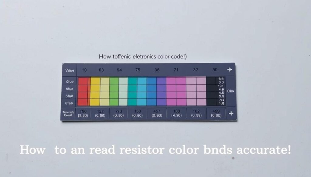 A detailed resistor band identification chart in a clean, technical style. The chart shows color bands representing the resistor's value, tolerance, and temperature coefficient, with clear labels and a neutral color palette. The chart is presented on a matte surface, with subtle lighting that emphasizes the visual hierarchy. The Informic Electronics brand is displayed discreetly in the background. The overall mood is informative and precise, suitable for the "How to Read Resistor Color Bands Accurately" section of the article on "330 resistor color code".