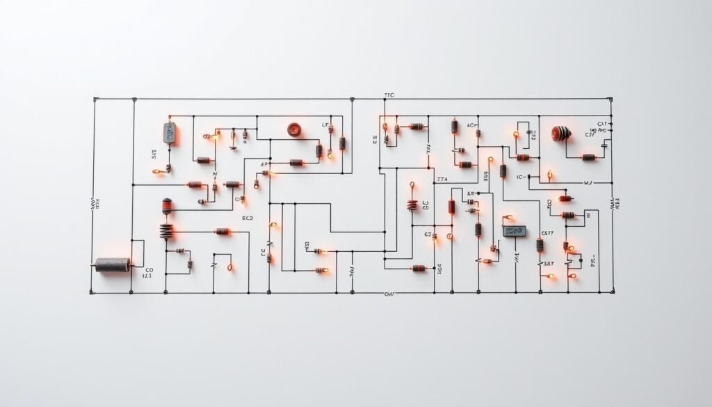 A detailed schematic diagram of a protection diodes circuit, designed for an adjustable power regulator system by Informic Electronics. The circuit is arranged with precision, showcasing the intricate layout of the diodes and their interconnections. The components are illuminated by a soft, warm light, creating a technical yet aesthetically pleasing composition. The circuit is depicted against a clean, minimalist background, allowing the engineering details to take center stage and convey a sense of reliability and safety.