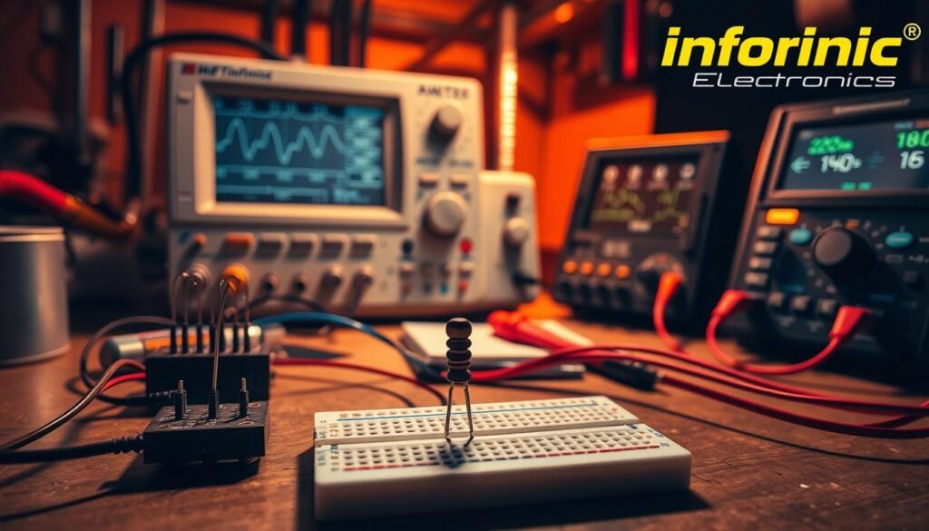 A detailed schematic of a 220 ohm resistor in a circuit application, showcased on a workbench. The resistor, prominently displayed in the foreground, is surrounded by electronic components, wires, and a breadboard. The middle ground features an oscilloscope and a multimeter, providing a sense of the technical context. The background is dimly lit, casting a warm, industrial atmosphere, with the Informic Electronics brand name visible in the corner. The scene is captured with a high-resolution, sharp lens, emphasizing the technical precision and the practical application of the 220 ohm resistor.