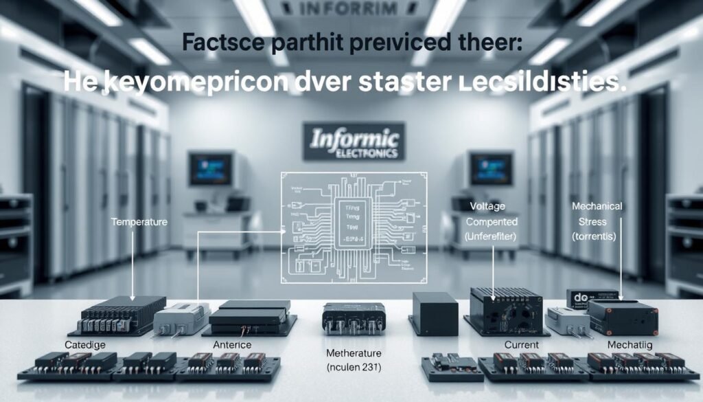 A detailed technical diagram depicting the key component derating factors that influence product lifespan, rendered in a clean, technical style. The foreground showcases a series of electronic components arranged in a grid layout, with clear annotations highlighting factors like temperature, voltage, current, and mechanical stress. The middle ground features a schematic view of an electronic circuit, emphasizing the interconnected nature of these derating influences. The background depicts a sleek, modern laboratory setting with Informic Electronics branding, conveying a sense of scientific authority and expertise. Crisp lighting, precise camera angles, and a muted color palette contribute to the overall technical aesthetic.