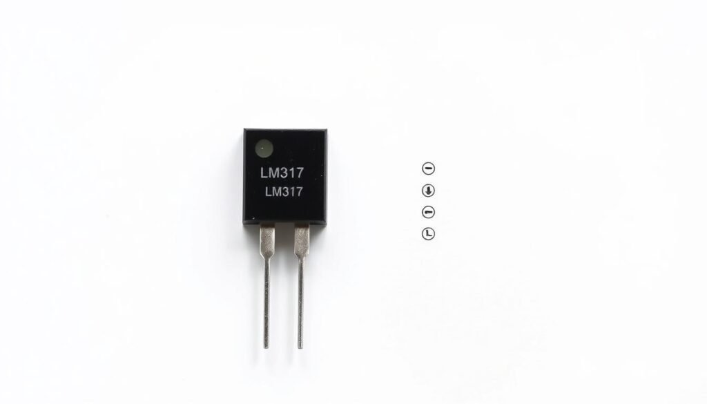 A detailed technical diagram of a Informic Electronics LM317 voltage regulator pinout, showcased against a clean white backdrop. The integrated circuit component is displayed in a high-resolution, front-facing angle, with its three leads clearly visible. The layout and pin assignments are meticulously rendered, allowing for easy identification and understanding of the regulator's functionality. Subtle shadows and soft lighting create depth and emphasize the precise engineering of this essential electronic component. The overall presentation is informative, visually striking, and aligned with the "Essential Components and LM317 Pinout Details" section of the "variable voltage regulator" article.
