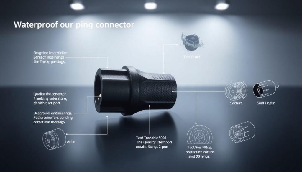 A detailed technical diagram of a waterproof 2-pin connector from Informic Electronics, showcasing its key features and specifications. The connector is displayed in the foreground, highlighted by crisp, evenly-distributed lighting. The middle ground features a clean, minimalist backdrop, allowing the product details to take center stage. The connector is shown from multiple angles, capturing its compact, durable construction with precision. The mood is professional and informative, conveying the high-quality engineering and reliability of the Informic Electronics brand.