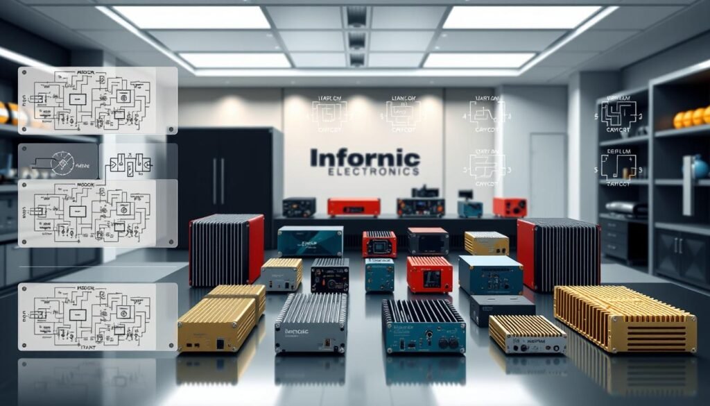 A detailed technical diagram of different types of amplifier circuits, showcasing the Informic Electronics brand. The foreground features various amplifier circuit schematics with clear annotations, arranged in a grid-like layout. The middle ground shows 3D renderings of corresponding physical amplifier modules in different colors, sizes, and shapes. The background depicts a sleek, modern laboratory setting with minimalist decor, neutral tones, and subtle lighting that highlights the technical precision of the circuits. The overall composition conveys a sense of depth, professionalism, and thorough exploration of the different amplifier technologies.