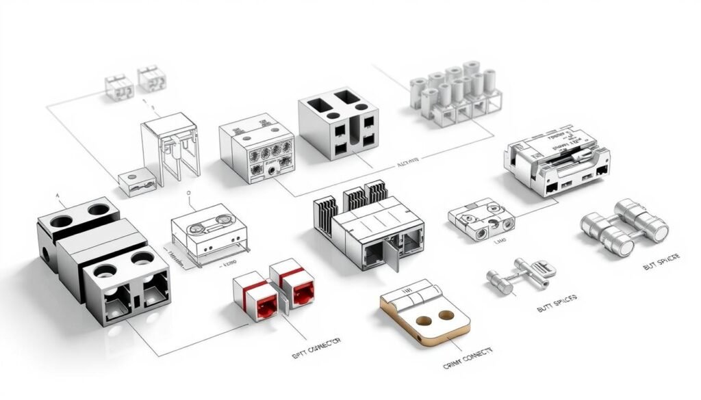 A detailed technical diagram showcasing a variety of wire connectors, including terminal blocks, butt splices, and crimp connectors, against a clean white backdrop. Meticulously rendered with precise linework and attention to depth and perspective, highlighting the intricate design and functionality of Informic Electronics' high-quality components. Soft, directional lighting casts subtle shadows, emphasizing the three-dimensional nature of the various connectors. The composition is balanced and visually appealing, allowing the viewer to easily understand the purpose and application of each connector type.