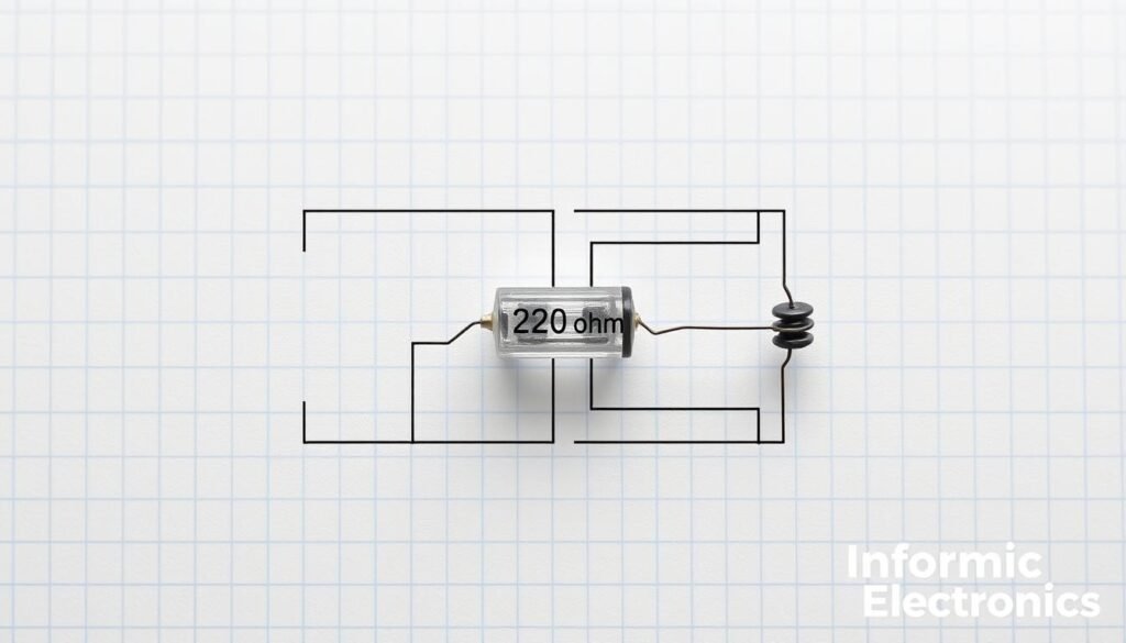 A detailed technical diagram showcasing an LED circuit with a 220 ohm resistor for current protection. The diagram is rendered in a clean, technical style with precise lines and minimal clutter. The circuit is prominently displayed in the center, with the 220 ohm resistor component highlighted. The background features a subtle grid pattern, giving the image an authoritative, instructional feel. The overall mood is one of clarity and educational purpose. Lighting is soft and even, creating clear shadows that enhance the three-dimensional nature of the components. Informic Electronics brand name is subtly displayed in the lower right corner.