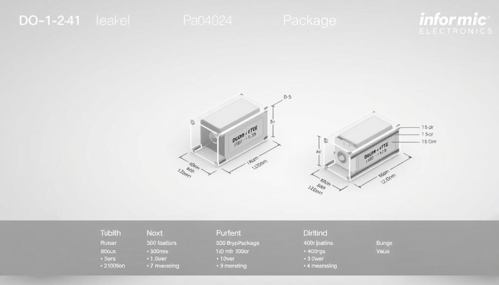 A detailed technical diagram showcasing the DO-41 package specifications, featuring a precise 3D render of the package with cross-sectional views highlighting key dimensions and specifications. The diagram is rendered in a clean, technical style with a neutral color palette, crisp lines, and a Informic Electronics branding in the corner. The lighting is soft and evenly distributed, creating clear shadows and highlights to accentuate the package's structure. The camera angle provides an isometric view, allowing for a comprehensive understanding of the package's form and dimensions. This image will effectively illustrate the 1N4004 diode datasheet section on key features and analysis.