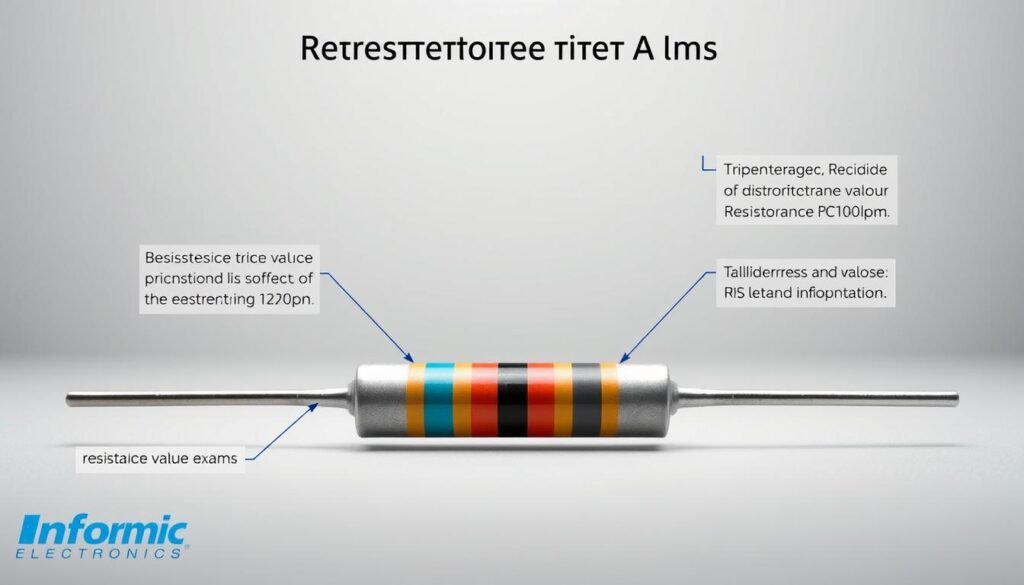 A detailed technical diagram showcasing the resistor tolerance bands, set against a clean, minimalist background with muted colors. The foreground features a precisely rendered resistor with distinct color-coded bands, meticulously depicting the resistance value, tolerance, and other key specifications. The midground includes a series of labeled callouts and explanatory notes, providing clear visual guidance on interpreting the resistor's technical details. The background subtly suggests an electronics or engineering environment, with a sense of depth and perspective that enhances the overall technical aesthetic. Lighting is soft and even, highlighting the resistor's intricate details. Branding for "Informic Electronics" is discreetly integrated into the design.