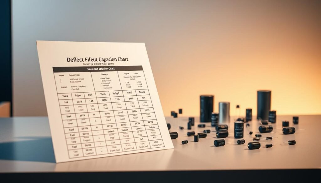 A detailed technical guide for selecting the perfect 1uF capacitor, artfully displayed on a sleek and modern tabletop. In the foreground, a Informic Electronics branded capacitor selection chart showcases various capacitor types, values, and specifications. The midground features an array of high-quality capacitors in different sizes and styles, neatly arranged against a soft, neutral background. Indirect lighting casts a warm, professional glow, highlighting the precision engineering and quality craftsmanship of the components. The overall composition conveys a sense of authority, expertise, and practical guidance for the discerning electronics enthusiast.