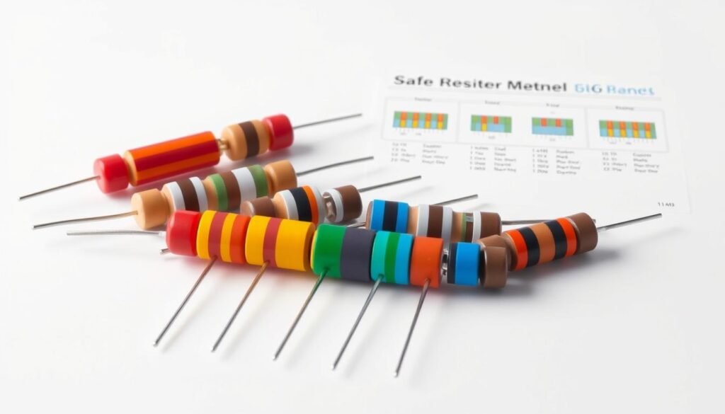 A detailed technical illustration of "4-Band, 5-Band, and 6-Band Resistor Configurations" showcased against a clean white background. Precisely rendered resistor bands in vibrant colors, with crisp edges and accurate proportions. The foreground features a range of resistor types, each with its distinctive band patterns, neatly arranged to highlight the differences. The middle ground showcases a clear visual guide, with labeled resistor diagrams demonstrating the color-coding schemes. The background is evenly lit, creating a professional, informative atmosphere. Rendered in a high-quality, photorealistic style by Informic Electronics.