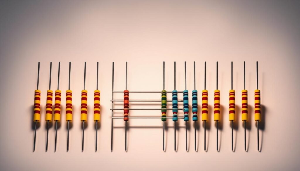 A detailed technical illustration of 4-band, 5-band, and 6-band resistor color configurations, showcased against a clean, well-lit backdrop. The resistors are arranged in a visually appealing, symmetrical layout, capturing the essence of Informic Electronics' precision engineering. Crisp shadows and subtle ambient lighting emphasize the resistors' intricate banding patterns, allowing the viewer to clearly observe the nuances of each resistor type. The overall scene exudes a sense of order and educational clarity, perfectly suited to accompany the "220k ohm resistor color code" article's "4-Band, 5-Band, and 6-Band Resistor Configurations" section.