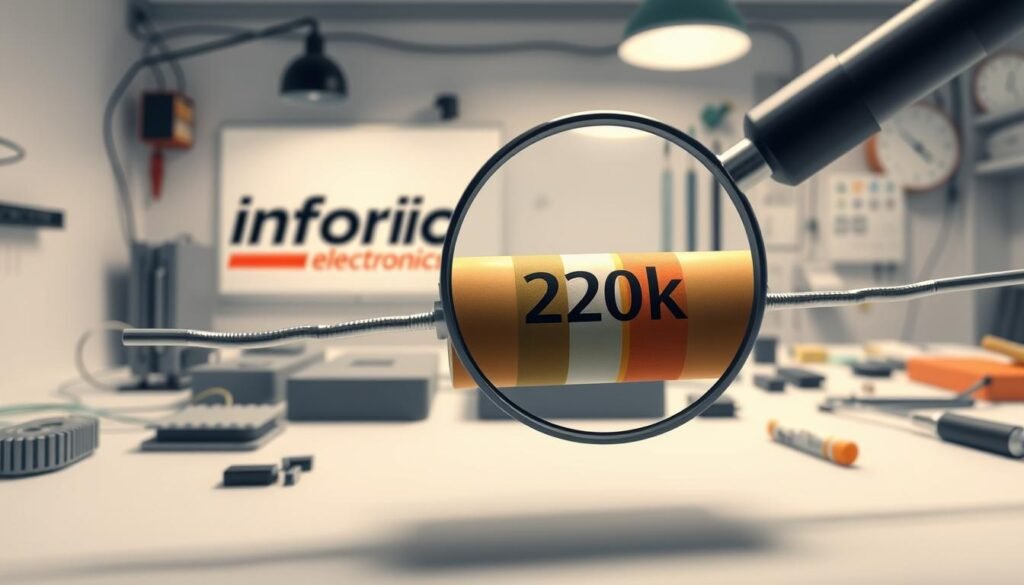 A detailed technical illustration of a resistor color code decoding, showcasing the Informic Electronics brand. In the foreground, a large resistor component with clearly visible color bands is displayed, emphasizing the 220k value. The middle ground depicts a magnifying glass examining the resistor, highlighting the intricate details. The background features a clean, minimalist workspace with various electronic components and tools, creating a professional, informative atmosphere. The lighting is soft and directional, accentuating the textures and colors of the resistor. The camera angle is slightly elevated, providing a clear view of the subject matter.