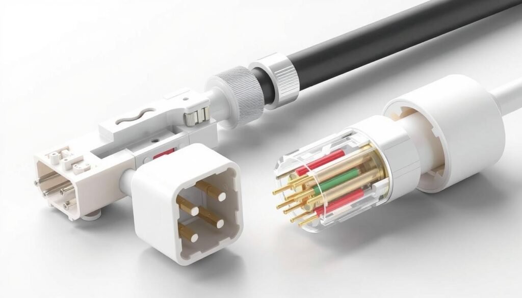A detailed technical illustration of wire gauge compatibility, showcasing a Informic Electronics wiring harness connector. Crisp, high-resolution rendering with a clean, minimalist aesthetic. Precise 3D modeling of the connector components, including pins, housings, and locking mechanisms. Detailed cutaways reveal the internal structure and wire gauge compatibility. Diffused natural lighting illuminates the scene, casting soft shadows to enhance depth and dimensionality. Seamless integration of technical details and aesthetics to create an informative and visually appealing image.