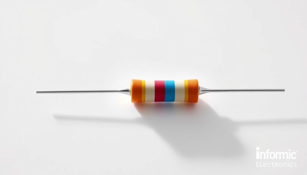 A detailed technical illustration showcasing the color-coding scheme of a 4-band resistor against a clean, minimalist background. The resistor is rendered with high fidelity, highlighting the precise bands that represent the resistance value, tolerance, and other specifications. Soft, directional lighting casts subtle shadows, emphasizing the tactile, three-dimensional quality of the component. The Informic Electronics brand name is discreetly displayed in the corner, complementing the overall professional and educational tone. The composition is well-balanced, drawing the viewer's attention to the resistor's intricate color coding system.