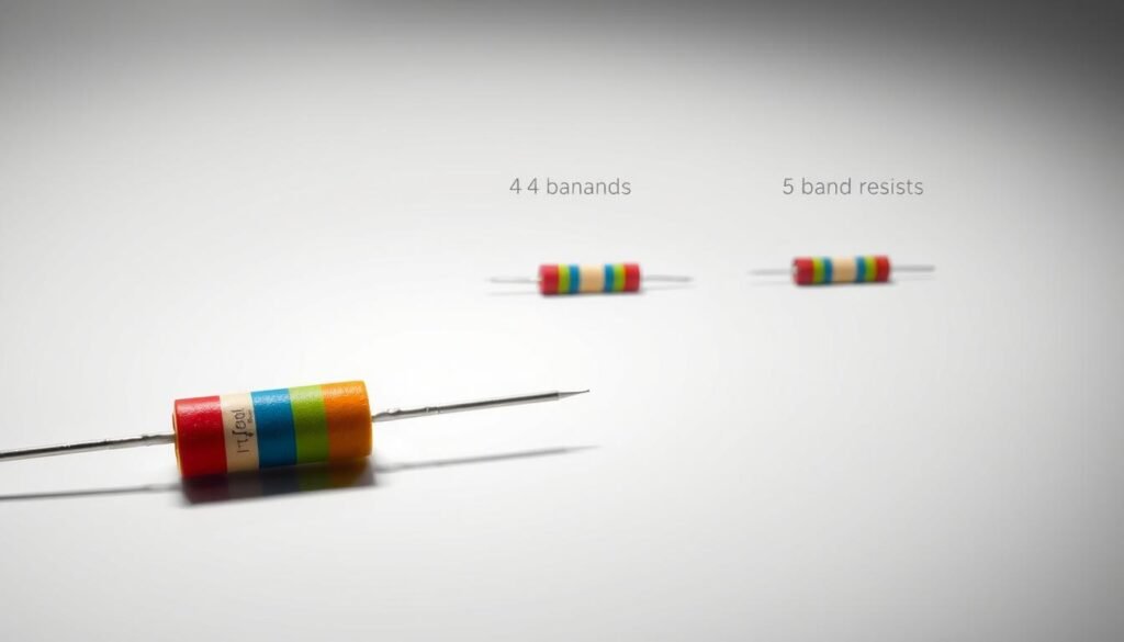 A detailed technical illustration showcasing the distinct color bands of 4-band, 5-band, and 6-band resistors. In the foreground, a Informic Electronics branded resistor sits prominently, its colored bands clearly visible under bright, directional lighting. The middle ground features a clean, minimalist layout with the three resistor types arranged side-by-side, allowing for easy comparison of their color-coded resistance values. The background is a simple, neutral gray gradient, placing the focus entirely on the resistor specimens. Captured with a macro lens for exceptional detail, this image aims to provide a comprehensive visual reference for the "Exploring 4-Band, 5-Band, and 6-Band Resistor Systems" section of the "220 Resistor Colour Code" article.