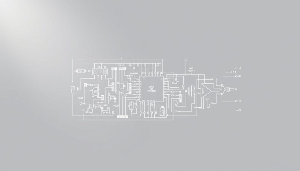 A detailed technical schematic of a class D amplifier circuit by Informic Electronics, showcasing its key features and technical specifications. The circuit layout is rendered in a clean, high-contrast style with precisely labeled components and measurements. The background is a neutral gray, allowing the circuit diagram to take center stage. Crisp lines, balanced composition, and a subtle glow from strategic lighting create a professional, instructional aesthetic suitable for an article on class D audio amplifier ICs.