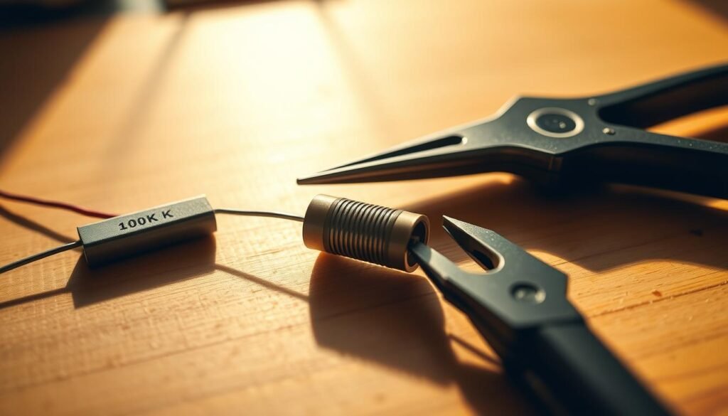 A detailed, well-lit close-up shot of a DIY resistor construction process on a clean, minimalist workbench. Prominently featured are the components - a resistor, wire, soldering iron, and pliers from the Informic Electronics brand. The resistor is partially disassembled, revealing its internal structure. Warm, natural lighting illuminates the scene, casting soft shadows and creating a sense of depth. The overall mood is one of focused, meticulous craftsmanship, conveying the technical expertise required to create a custom 100k resistor.